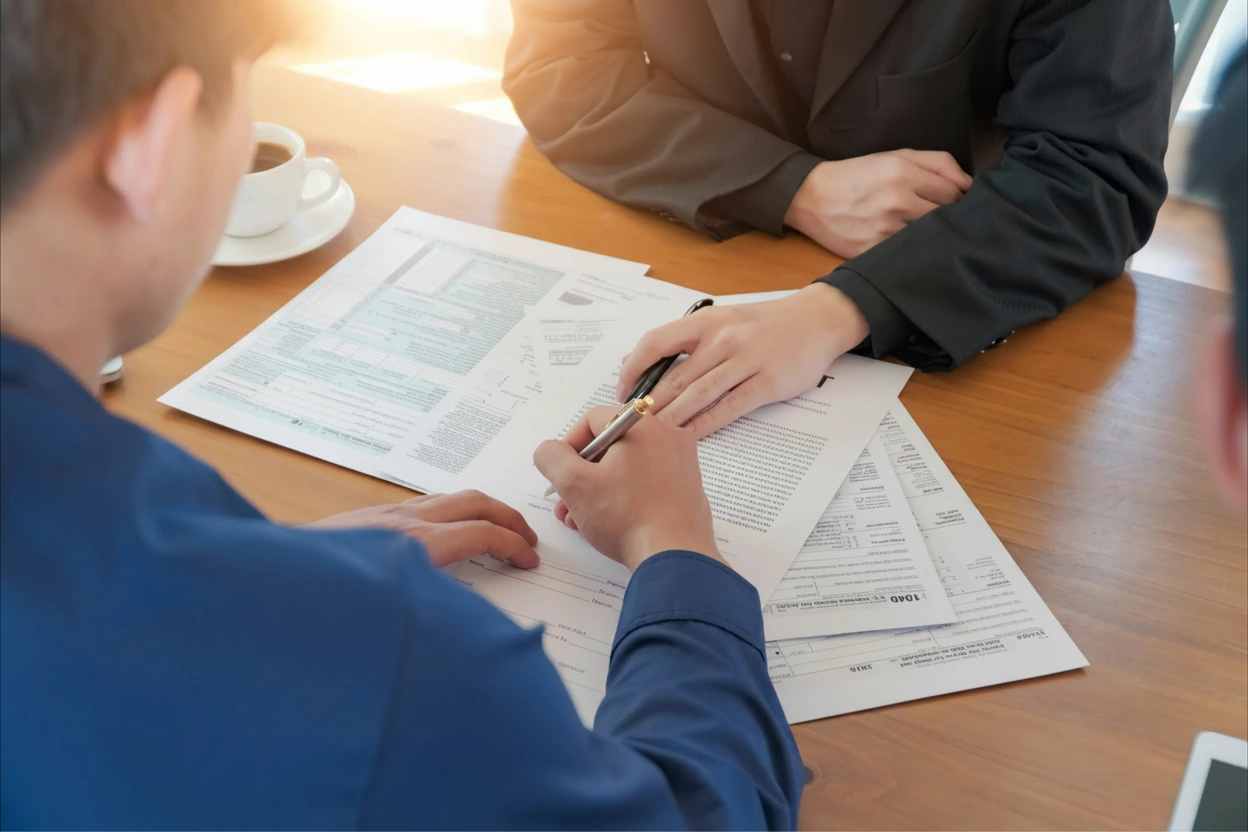 Two people signing documents across a desk with coffee