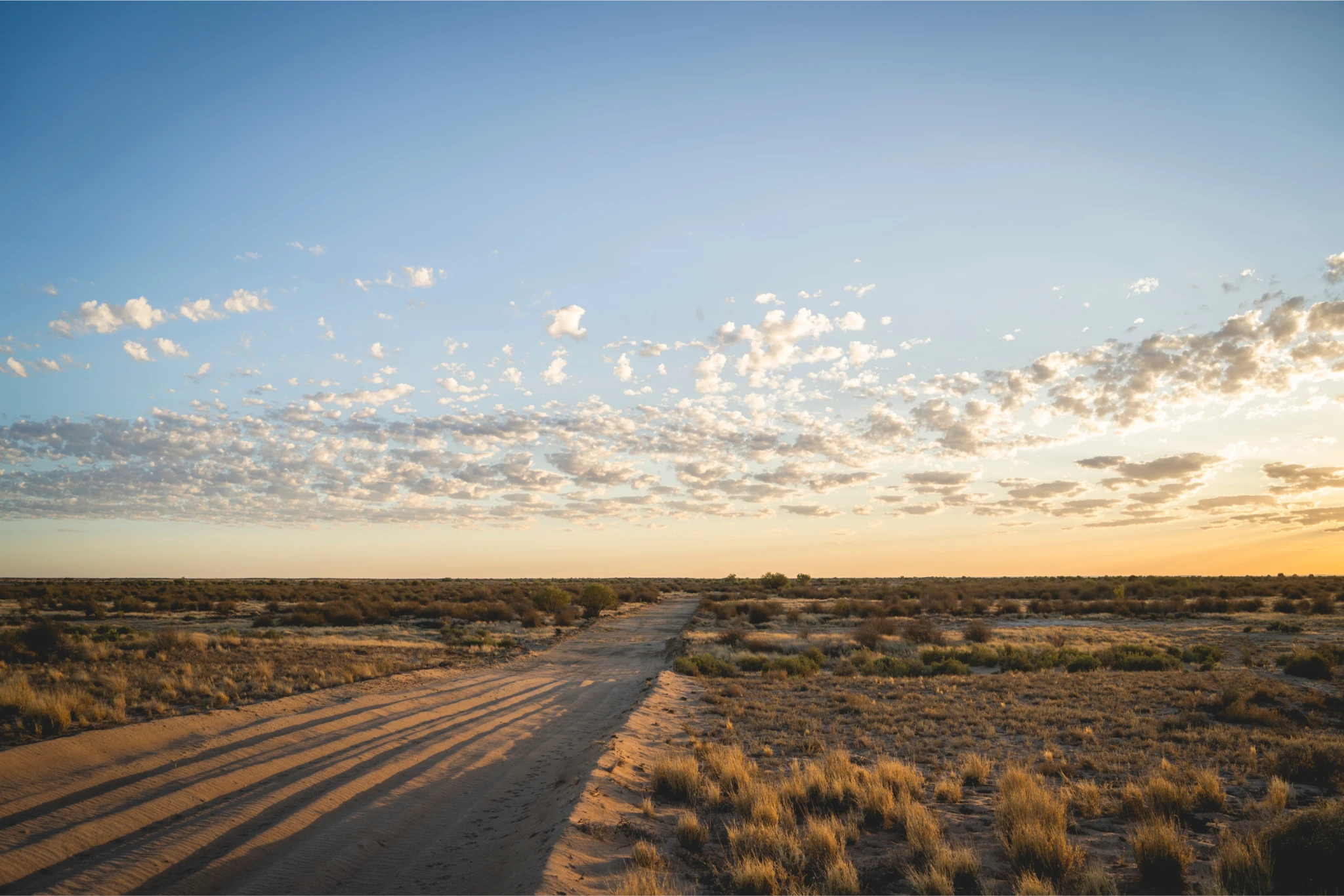 Dirt outback road stretching to the horizon under a cloud-streaked sunset sky